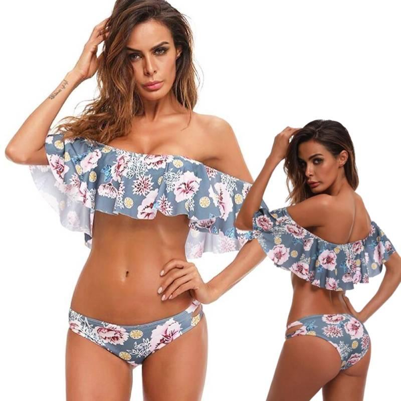 Sexy Off-the-shoulder Bikini With Ruffled Edges And Floral Accents High Quality Polyester Material