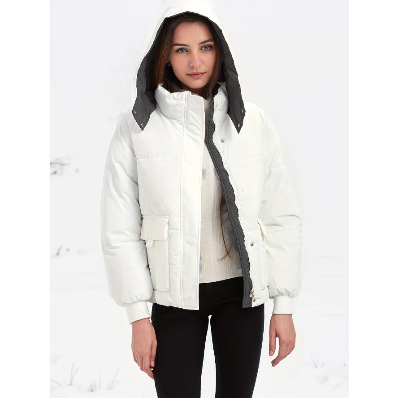 Women Autumn Winter Hooded Padded Warm Color Block Short Cotton Coat