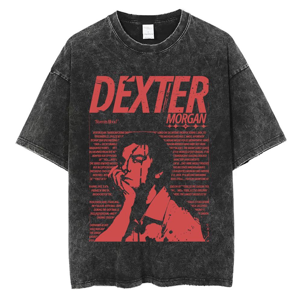 Washed Vintage TV Play Dexter Morgan Face Graphic Tshirt Men Women Casual Cotton Oversized T Shirt Male Classic Gothic Tshirts