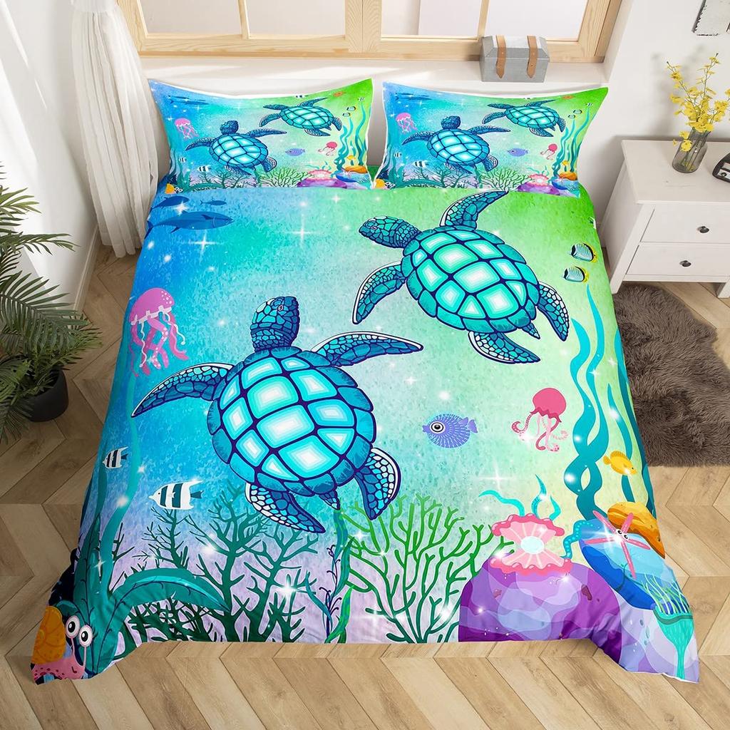 Sea Turtle Duvet Cover Underwater World Themed Marine Life Bedding Set for Women Teen Boys and Girls Gift for Bedroom Decoration