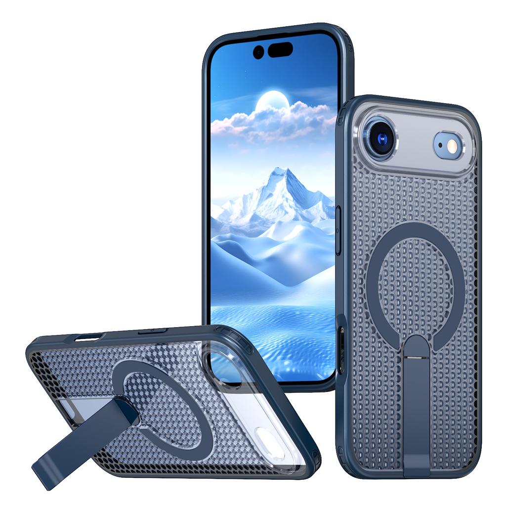 For iPhone Air Magnetic Case Kickstand Grid Texture TPU PC Phone Back Cover
