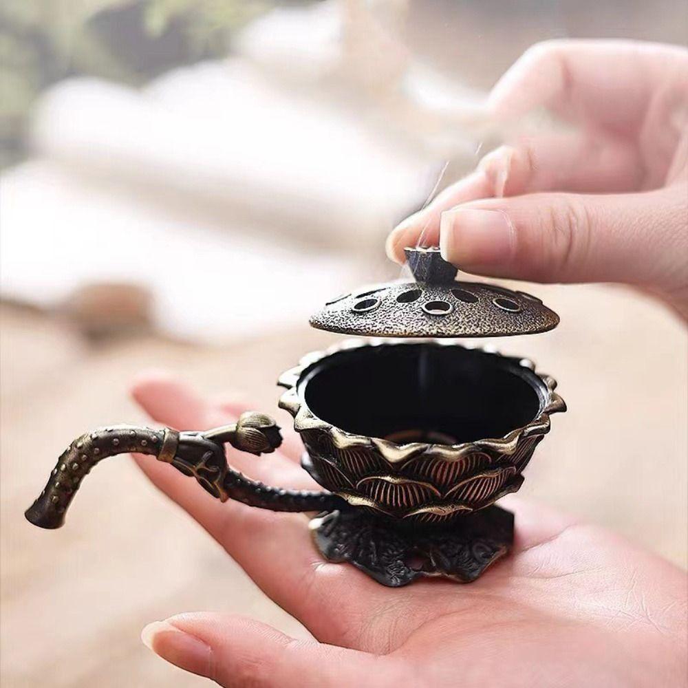 Zinc Zinc Alloy Lotus Hand Stove Small Metal Censer Room Decor Incense Burner  Camping Garden
