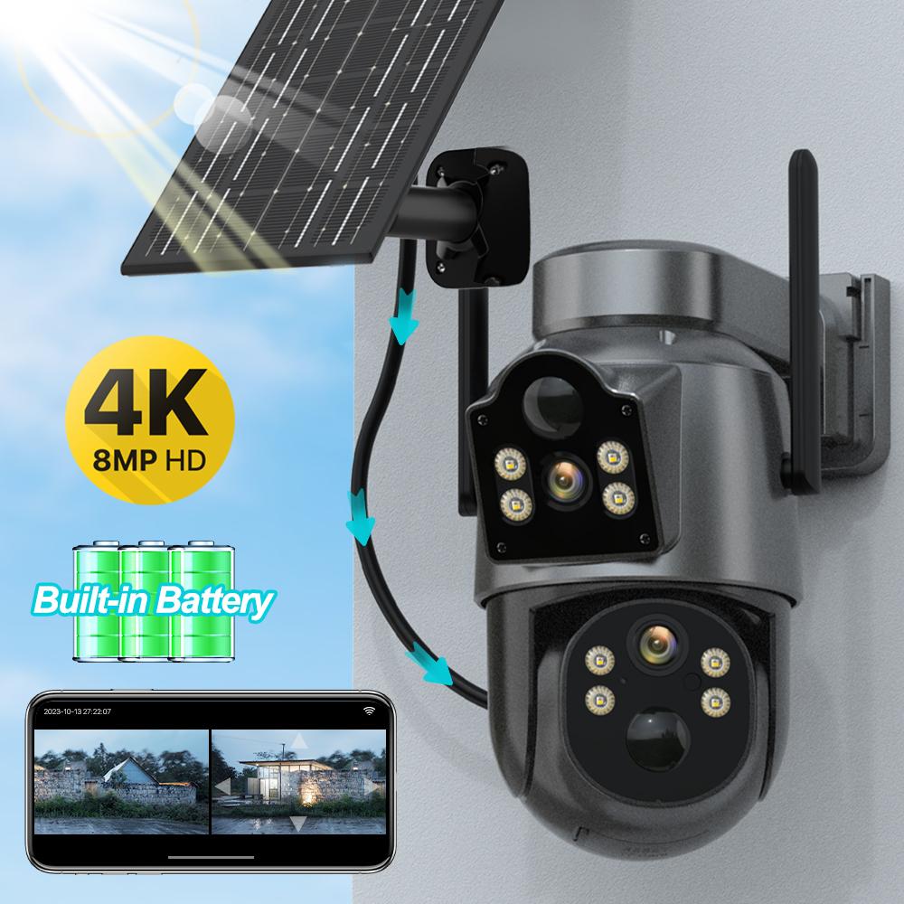 4K 8MP Wireless Solar Camera Outdoor WiFi PTZ Camera Built-in Battery PIR Detection Video Surveillance Long Time Standby
