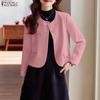 Women Round Neck Casual Long Sleeve Cardigan Blouse