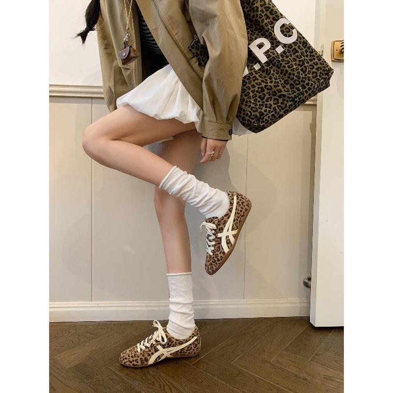 Cowhide~ Inner Height Increase 5cm Retro Leopard Print German Training Shoes Women's 2025 New Forrest Gump Shoes Board Shoes Casual Sports Shoes