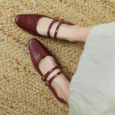 Овчина мода лето весна осень пряжка ремешки женские квадратный носок низкий каблук лодочки