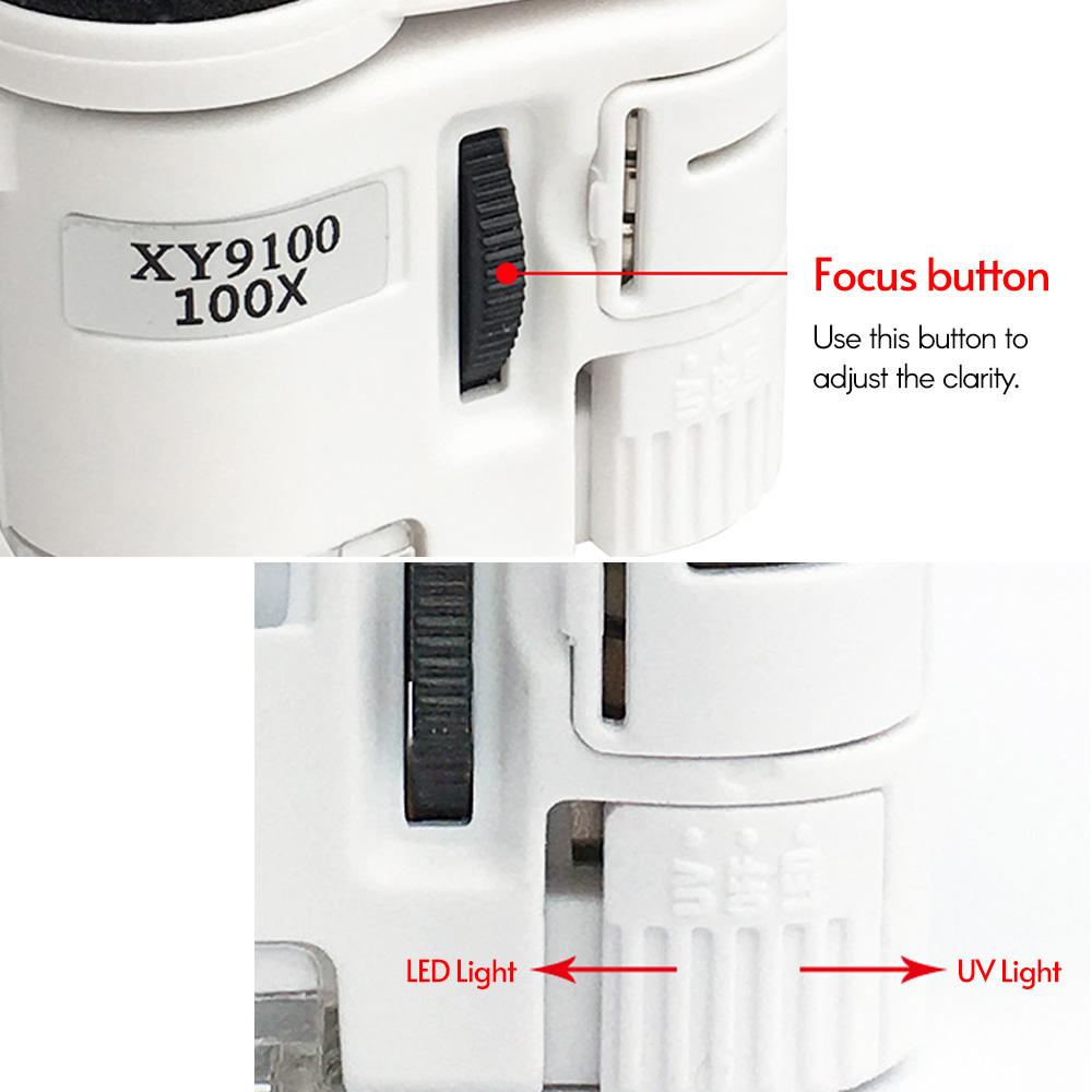 Universal Clip Type Microscope 100x Magnifying Glass with Phone Clip Built-in LED Light UV Currency