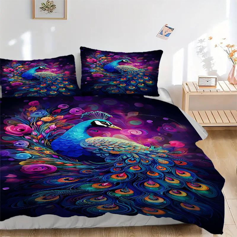 3pcs Peacock Feather Duvet Cover Set -Includes 1 Duvet Cover and 2 Pillowcases, No Quilt Core, All-Season Home Decor yy251111192