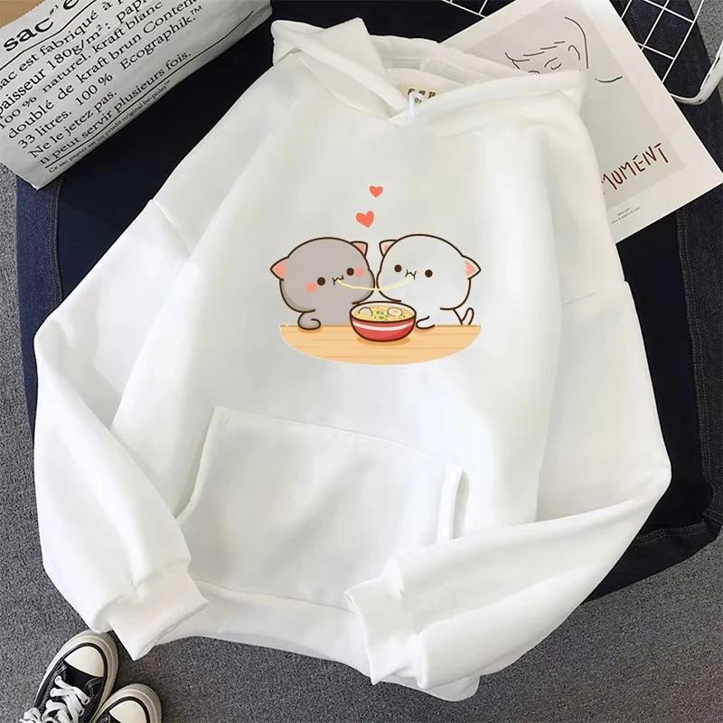 2025  Women's White Hoodies Kawaii Peach Cat Cartoon Print Femme Winter Hooded Sweatshirt Tops Casual Female Jumper