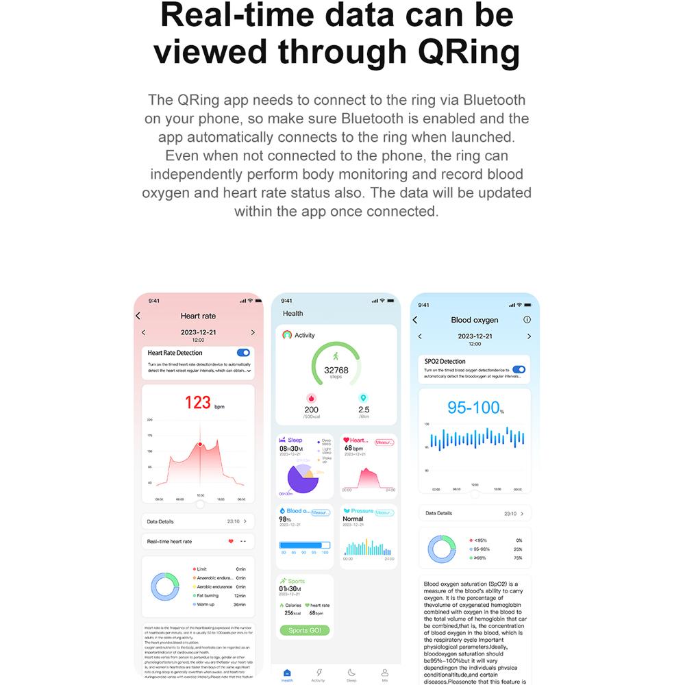 YurKem Беспроводная зарядка Смарт-кольцо Измерение сердечного ритма кислорода в крови Артериальное давление Мужчины Женщины Фитнес-трекер Спорт IP68 Водонепроницаемый Bluetooth-кольцо