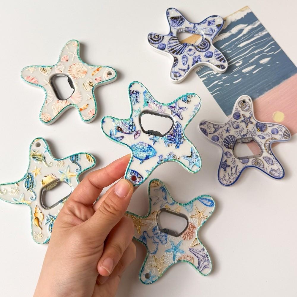 3D Embossed Starfish Fridge Magnet Beach Theme Shell Shape Five-pointed Star Bottle Opener Gold Stamping Ocean Style Decoration