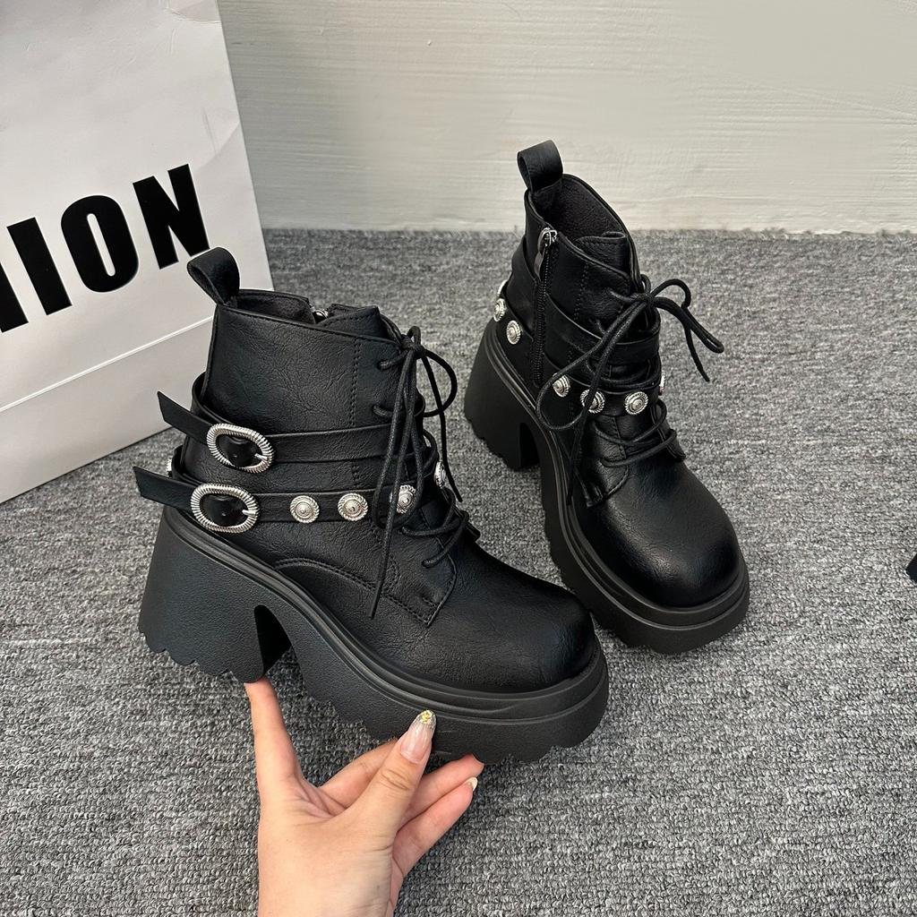 Модные новые женские ботильоны из искусственной кожи, женские осенне-зимние туфли с круглым носком на шнуровке, женские мотоциклетные ботинки на платформе, готическая обувь