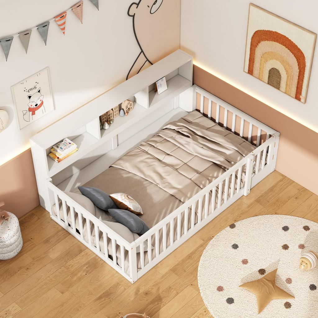Kinderbett 90x200 Bodenbett Staufach Brüstung Türen Funktionsbett Holzbett Lattenrost Tagesbett Jugendbett Kiefernholz ohne Matratze weiß