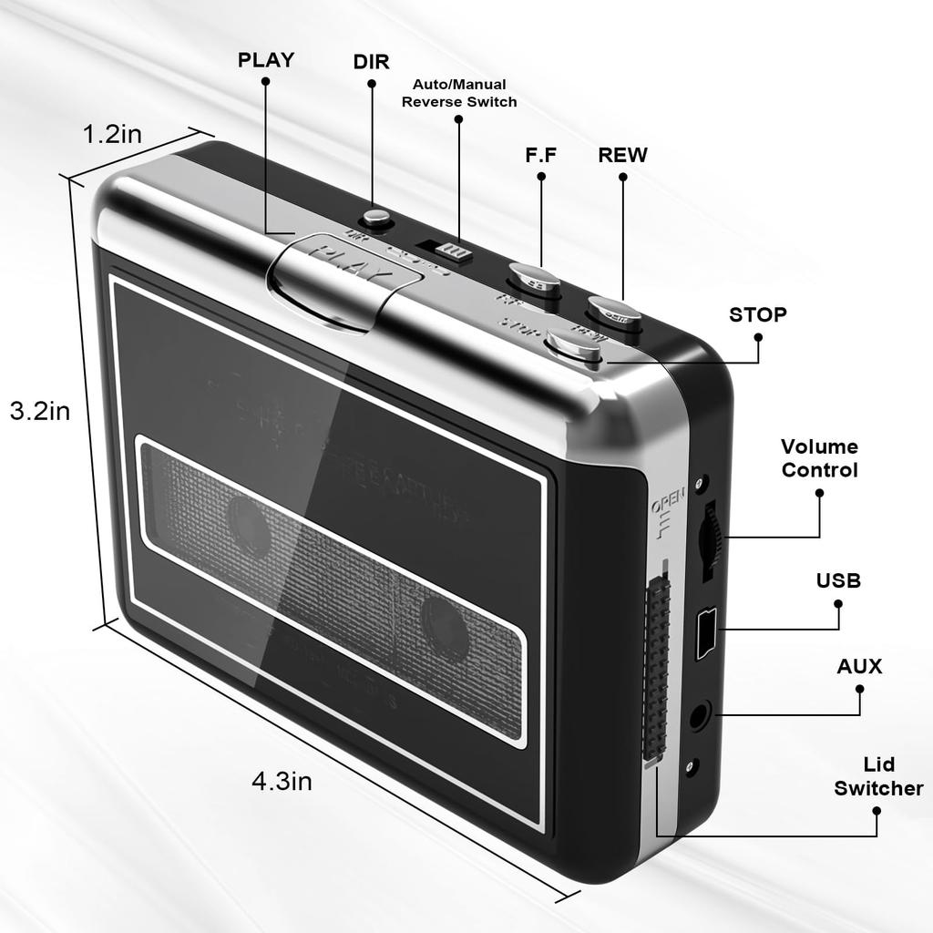 Portable Cassette Tape Player with Digital Converter and MP3 USB Music Data Computer Converts Cassette Tapes to Can Burn Includes Japanese Black