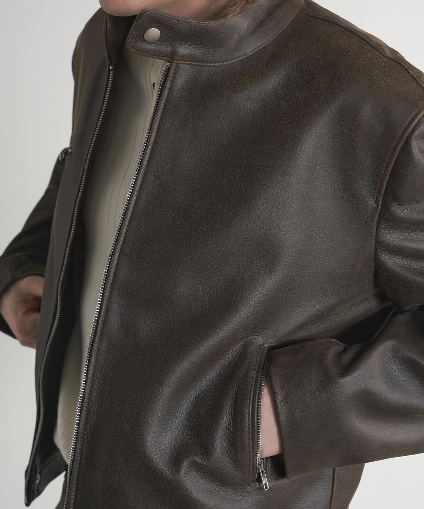 Sperone [Real Leather] Cracked Washed Mandarin Collar Zip-Up Jacket (Brown)