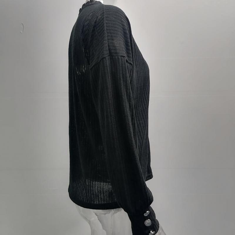 Women's Lace V-neck Sweater Ladies Loose Long Sleeve Solid Color Sweater