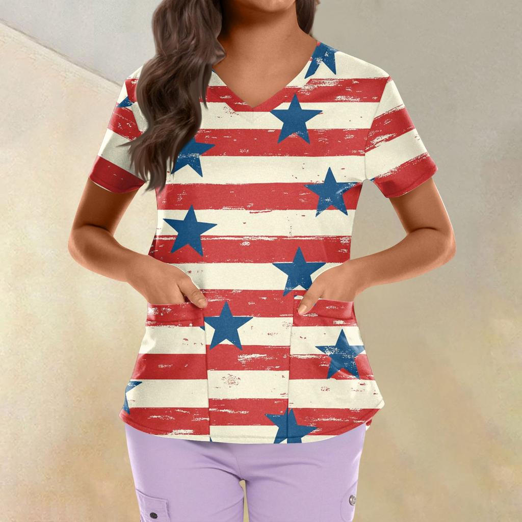Plus Size Printed Scrub Working Uniform Tops For Women's Cross V Neck Independence Day Print Short Sleeve Fun T-Shirts Workwear Tee With Pockets