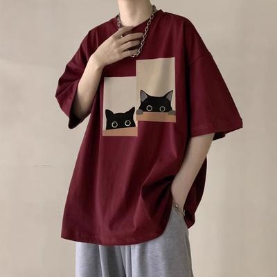 Бордовая Силуэтная Футболка с Коротким Рукавом для Мальчиков Летняя Подростковая Модный Бренд Универсальная Свободная Футболка с Половинным Рукавом Топ Модный