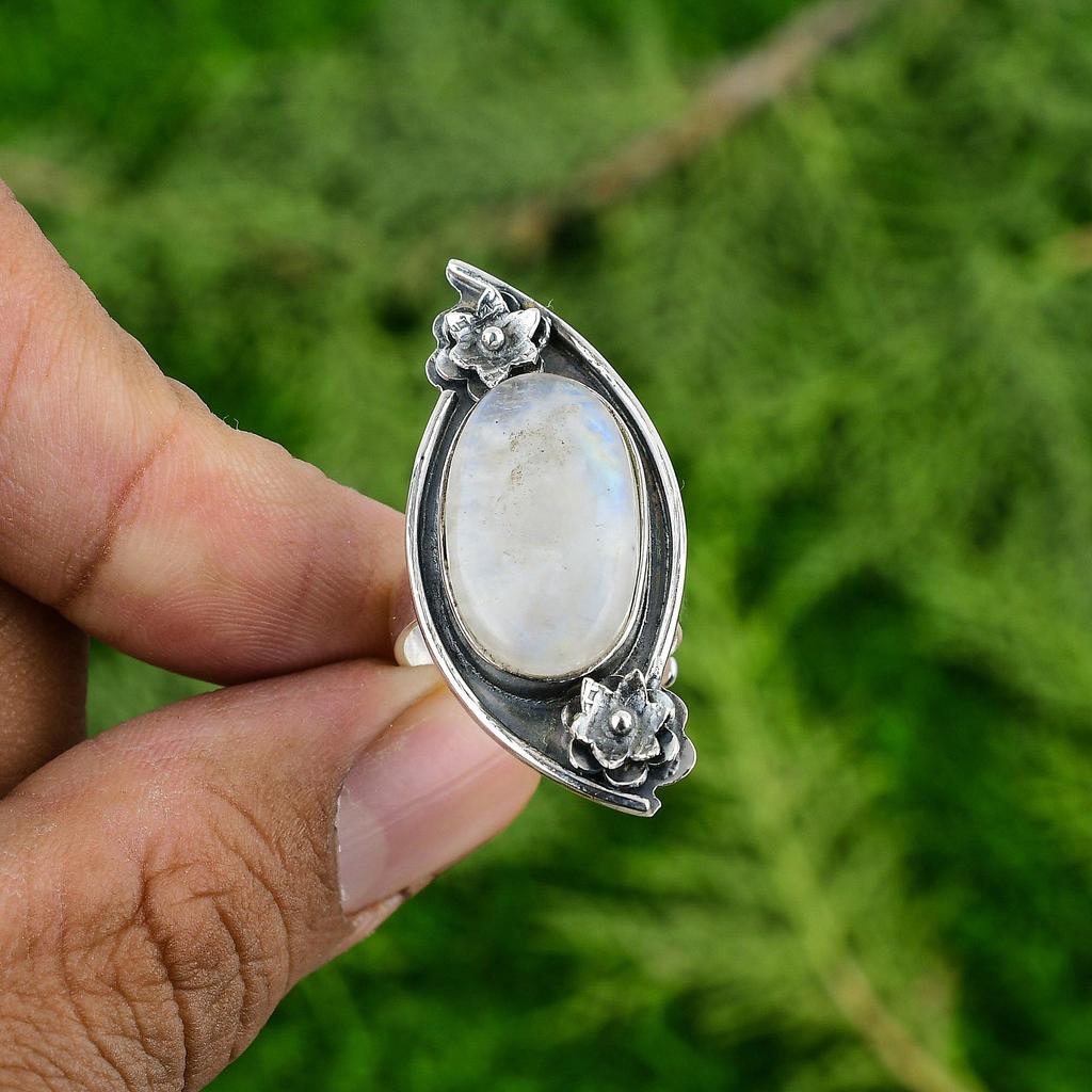 Natural Rainbow Moonstone Solitaire Flower Adjustable Ring 925 Silver