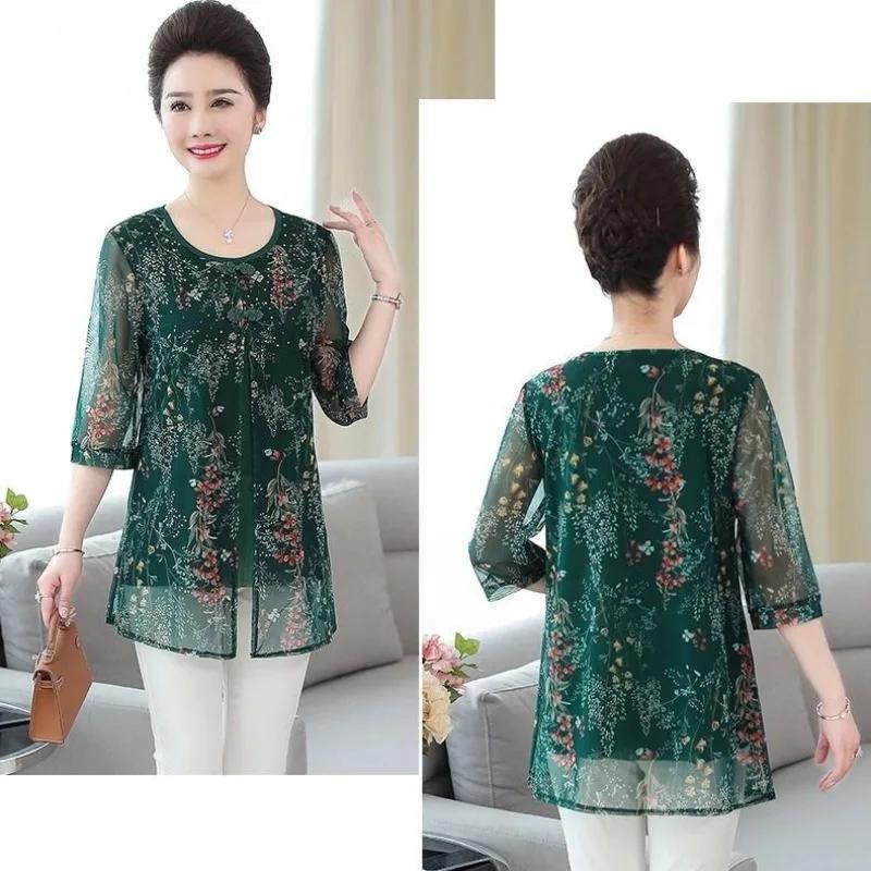 Женская одежда, летняя футболка из шифона с винтажным цветочным принтом и коротким рукавом, летняя повседневная мода, сшитая из двух частей, топы с круглым вырезом