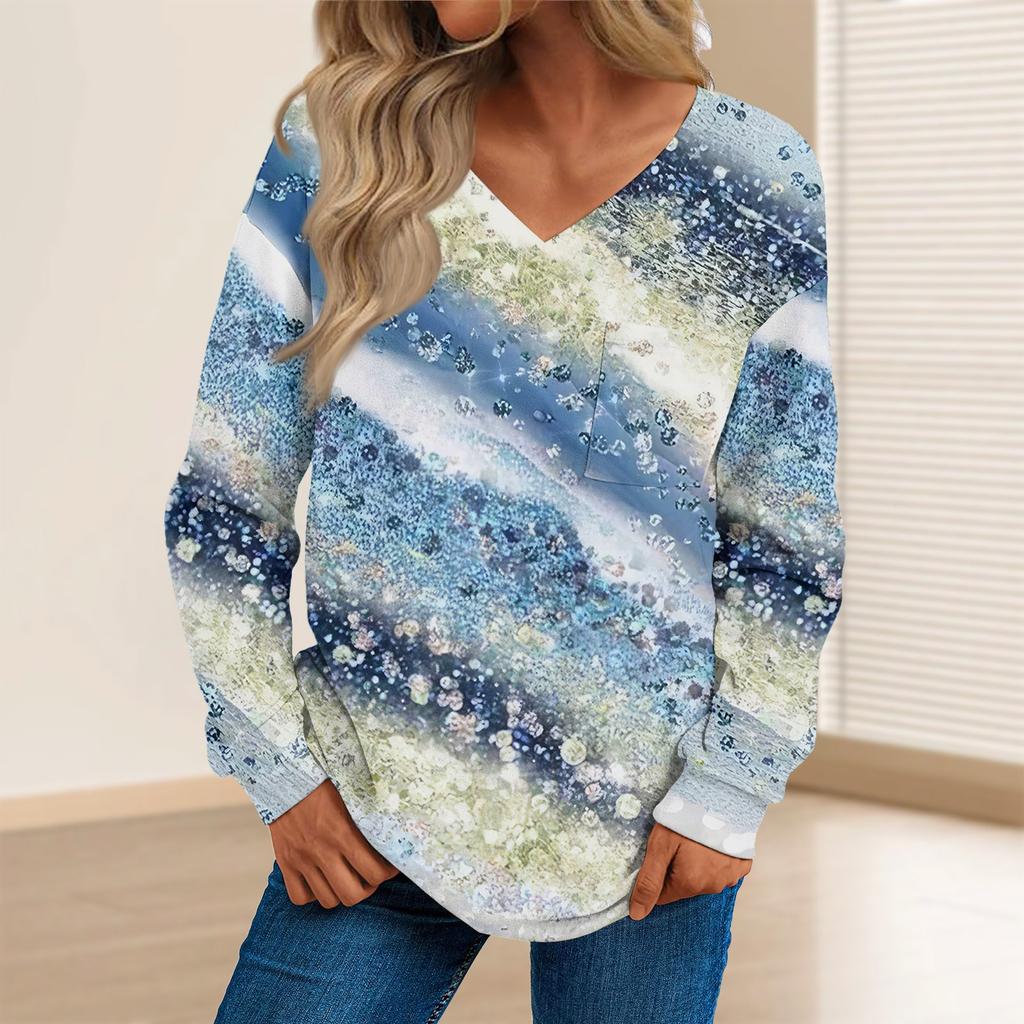 Women's Fashion Casual Long Sleeve Printed V- Neck Sweater Top