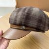 New PU Leather Brim Checkered Octagonal Cap for Children's Autumn and Winter Outings Elegant Beret Retro Casual Newsboy Cap