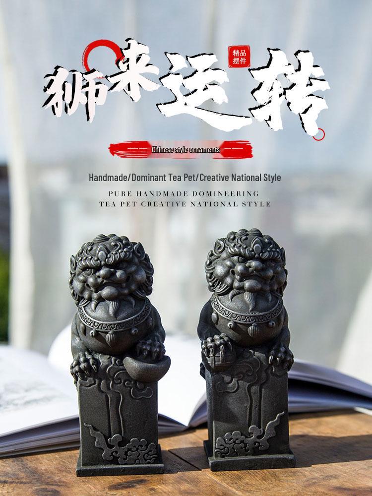 Chinese Cast Iron Stone Lion Desktop Ornament: Cultural Craft for Wealth and Protection.