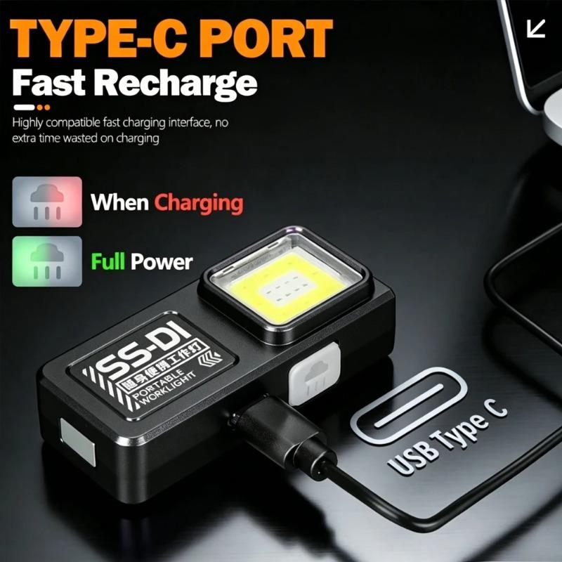 LED COB Mini USB Rechargeable Flashlight, Portable Magnetic Working Torch Lamp, Compact Lantern for Outdoor Emergency Hiking Camping Daily Night Use