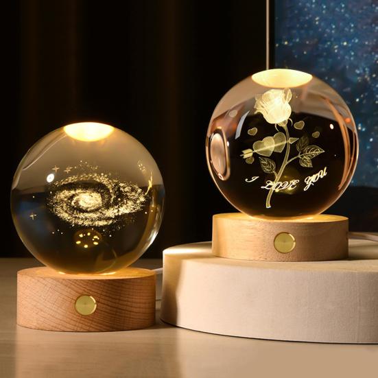 Faux Crystal Ball Light Calming Cosmic Night Light Clear Lighted Stellar Spheres with Wooden Base