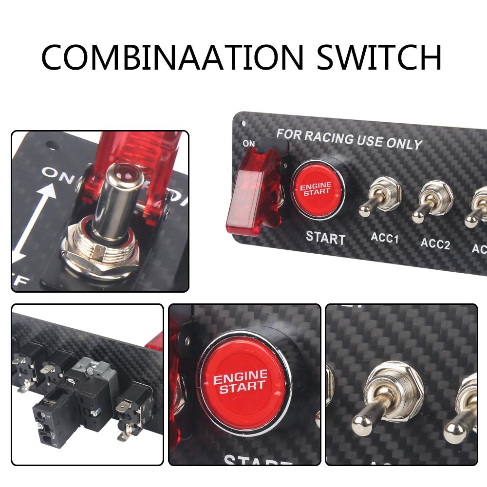 True Carbon Fiber 12V Racing Car Ignition Switch Panel Engine Start Stop Ignition Push Buttons LED Toggle Switch Panel
