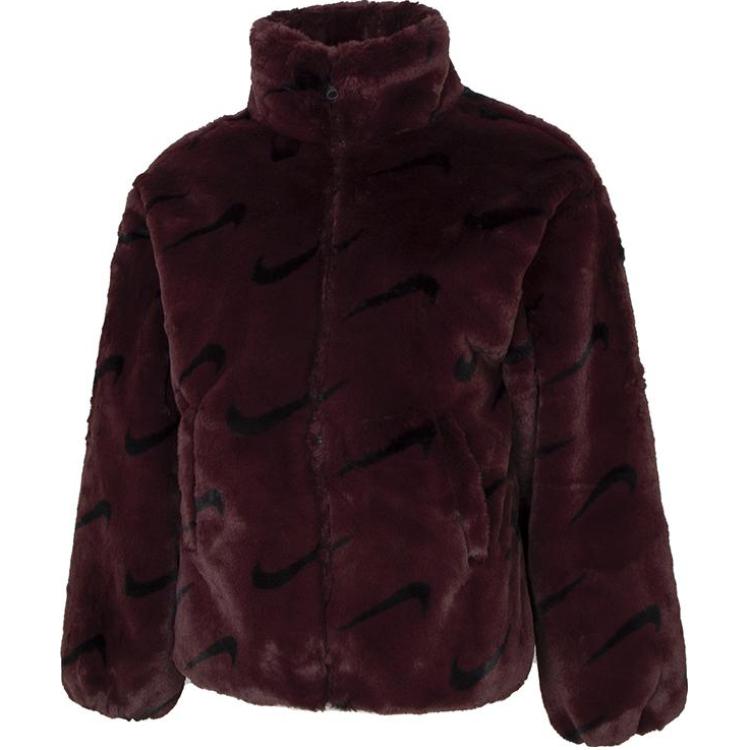 Nike Womens Printed Faux Fur Jacket (Asia Sizing) Burgundy Crush Women Streetwear DQ6843-652