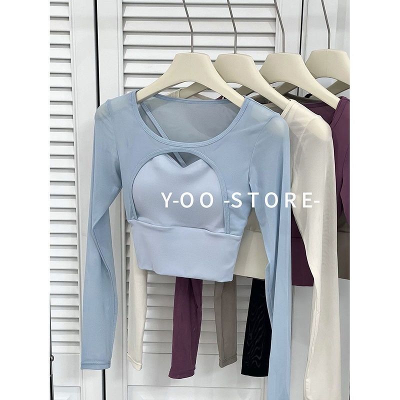 Y Одежда для йоги с нагрудником Футболка с длинными рукавами Женский нишевый стиль Вырез Сексуальная Облегающая Утягивающая Спортивная Фитнес Модная Майка