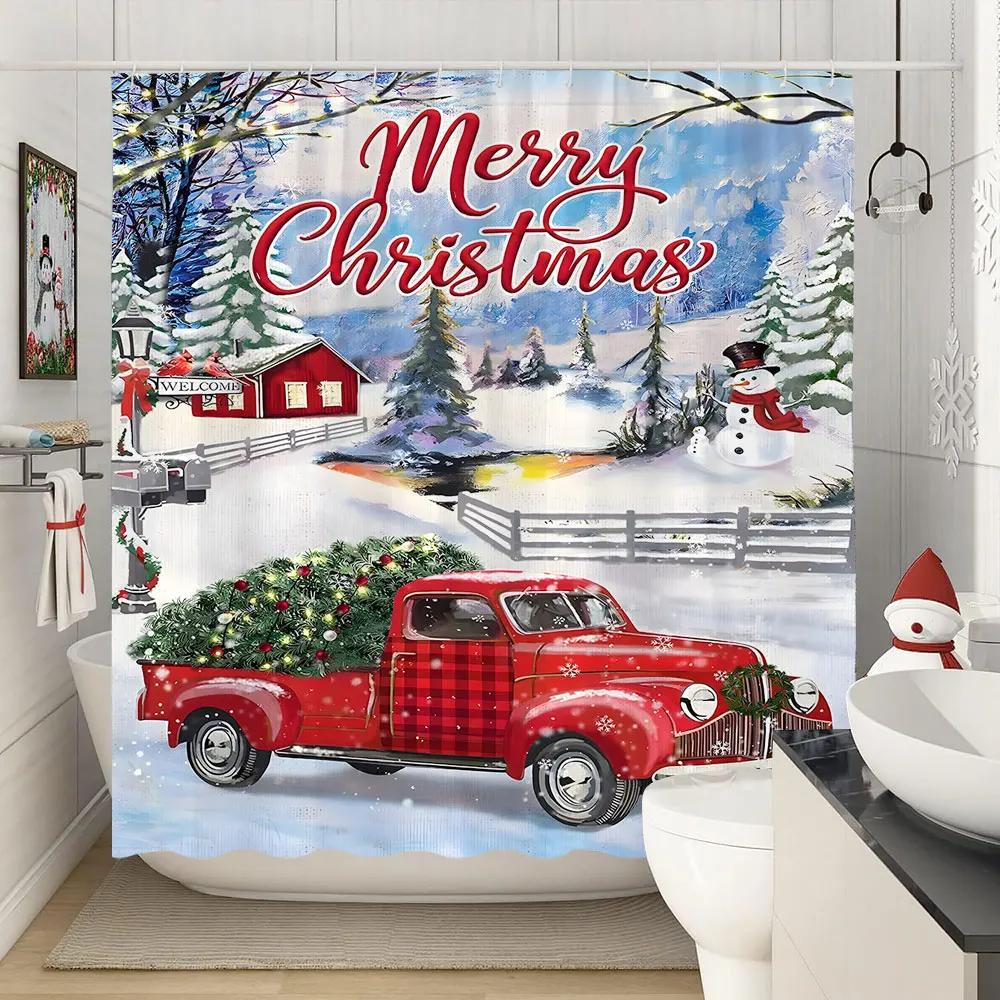 Веселые рождественские занавески для душа Зимняя снежинка Рождество Сосновые листья Лампа Праздник Фермерский дом Ткань для ванной Занавеска для ванной Декор для ванной