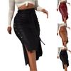Women's High Waist Button Trim Solid Color Slit Skinny Leather Midi Pencil Skirt