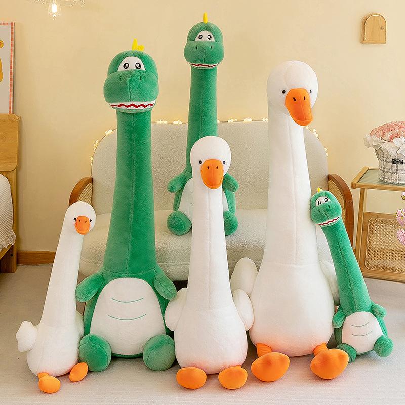 Cute dinosaur long throw pillow girl bed side sleeping cuddle pinch legs big white goose long neck animal plush toy