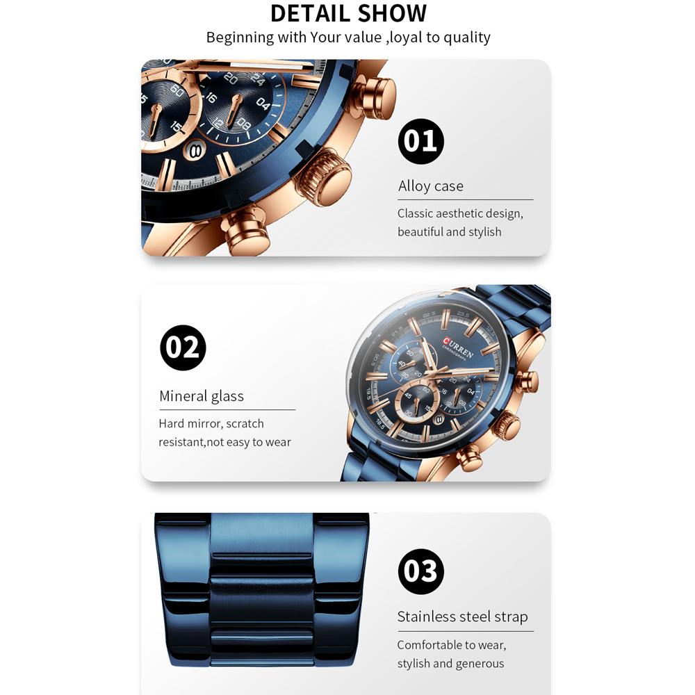 CURREN Luxury New Mens Stainless Steel Band Wristwatches for Men Casual Fashion Quartz Clock Mens Chronograph Watch with Date