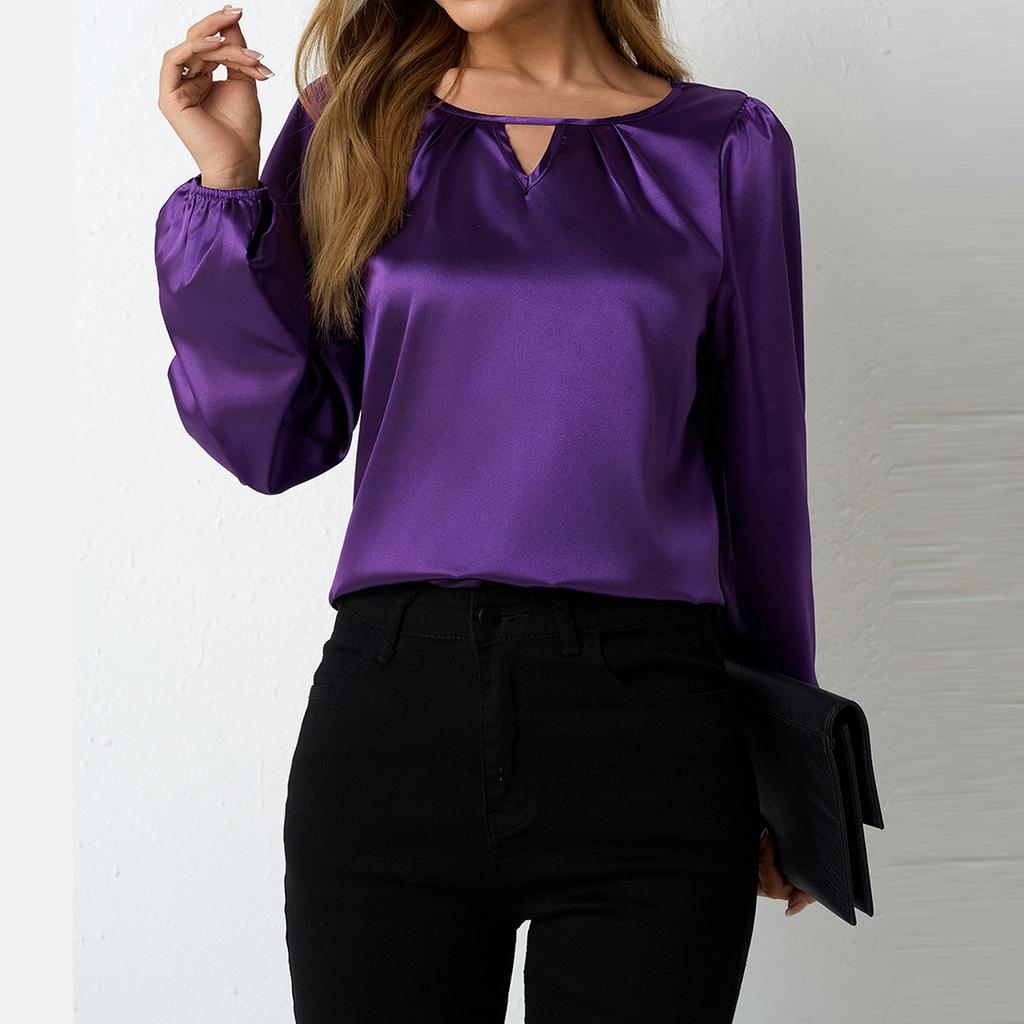 Women's Long Sleeve Shirt Loose Satin Top Embossed Lace R-neck Silk Lined Top