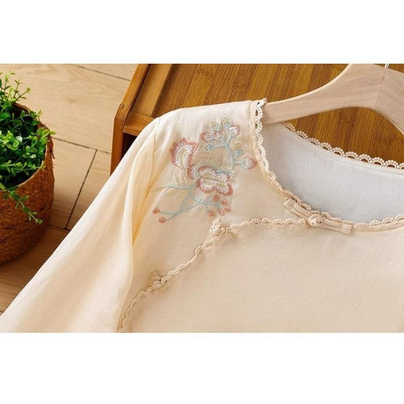 Женские рубашки в национальном стиле, литературные, ретро, с вышивкой, с рукавом три четверти, летние, на косых пуговицах, новые топы в стиле дзен