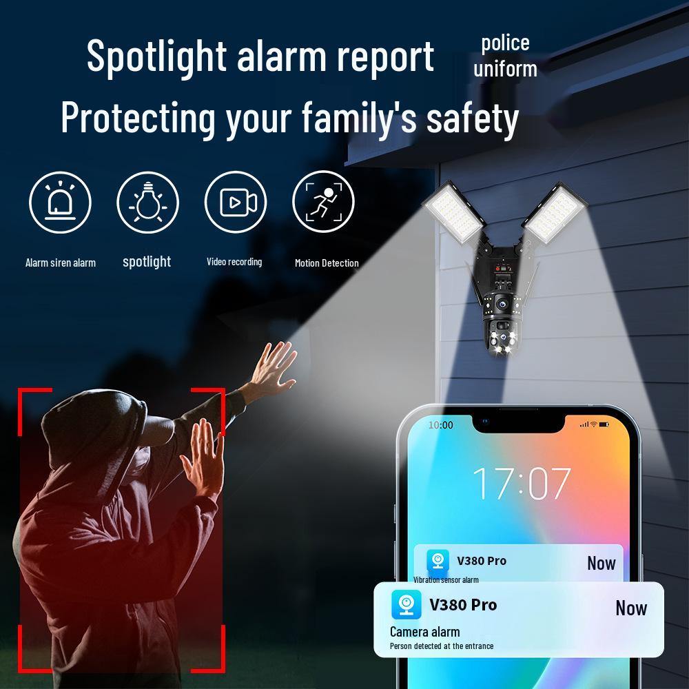 V380 Solar WiFi Street Light: 4G Dual Lens Night Vision, Waterproof Camera