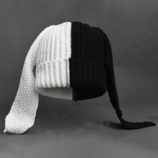 Зимняя вязаная шапка с длинными заячьими ушками, контрастного цвета, унисекс, плотная, теплая, высокоэластичная, ветрозащитная