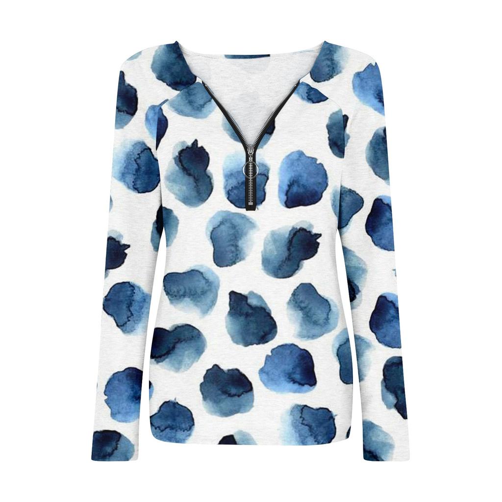 Женская рубашка, блузка, повседневные свободные рубашки, футболки с длинными рукавами и застежкой-молнией с v-образным вырезом и принтом, футболки, пуловеры, топы