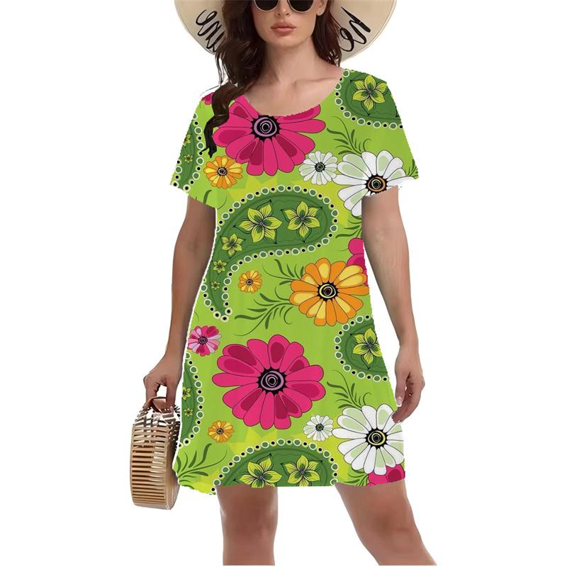 Ретро 3D красочное печатное платье женское летнее короткое рукав круглое шея повседневное платье большого размера женский сарафан Vestidos