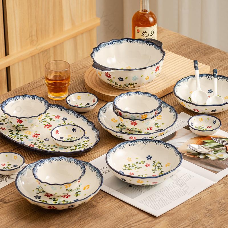 Керамическая тарелка с маленькими цветами в стиле ретро, креативная бытовая посуда, ресторан, изысканные блюда, салатная тарелка, изысканные рыбные тарелки