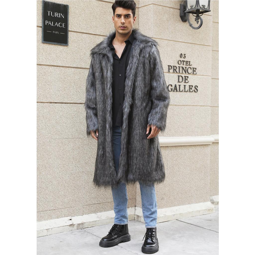 Men's Faux Animal Hair Long Coat Warm Overcoat Turn Down Collar Coat Cardigan Winter Fuzzy Fleece Jacket Open Front