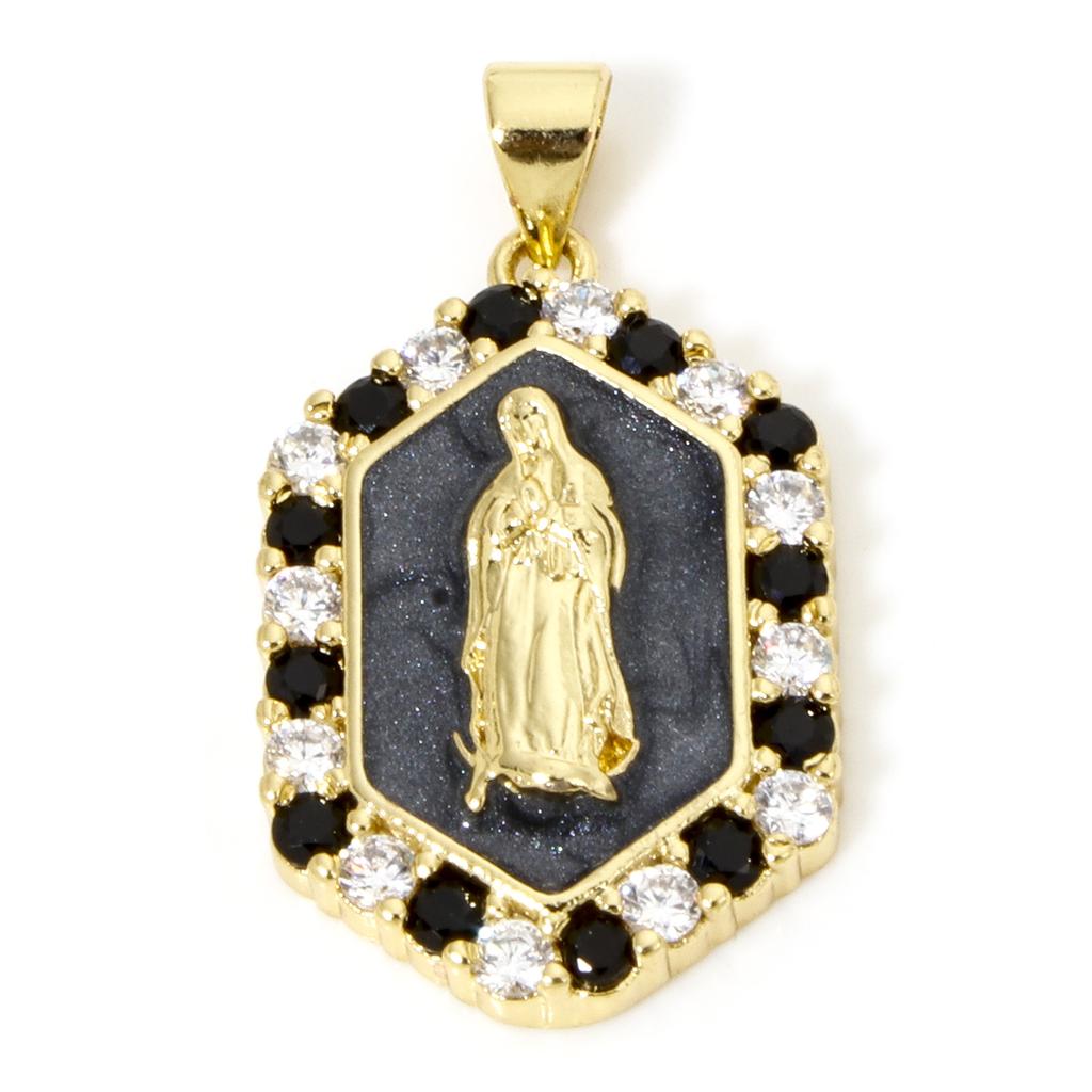 1 PC Virgin Mary Religious Brass Pendants 18K Gold Plated Pearlized Hexagon Enamel Cubic Zirconia Charms Pendants 3cm x 1.7cm