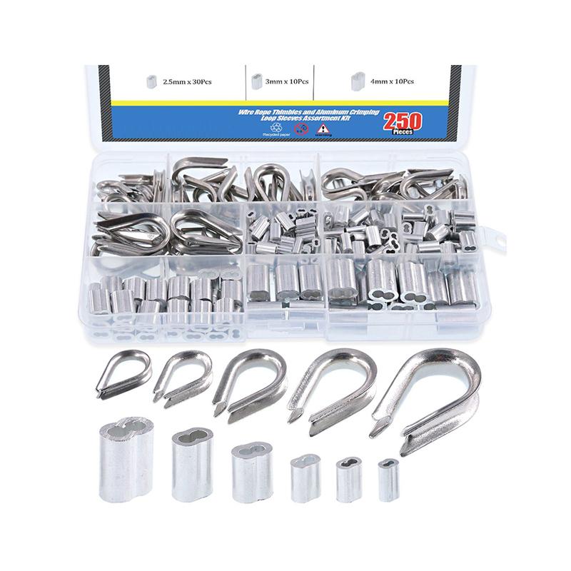 250Pcs 304 Stainless Steel Wire Rope Cable Thimbles and Aluminum Crimping Loop Sleeve Assortment Kit for Wire Rope Rigging