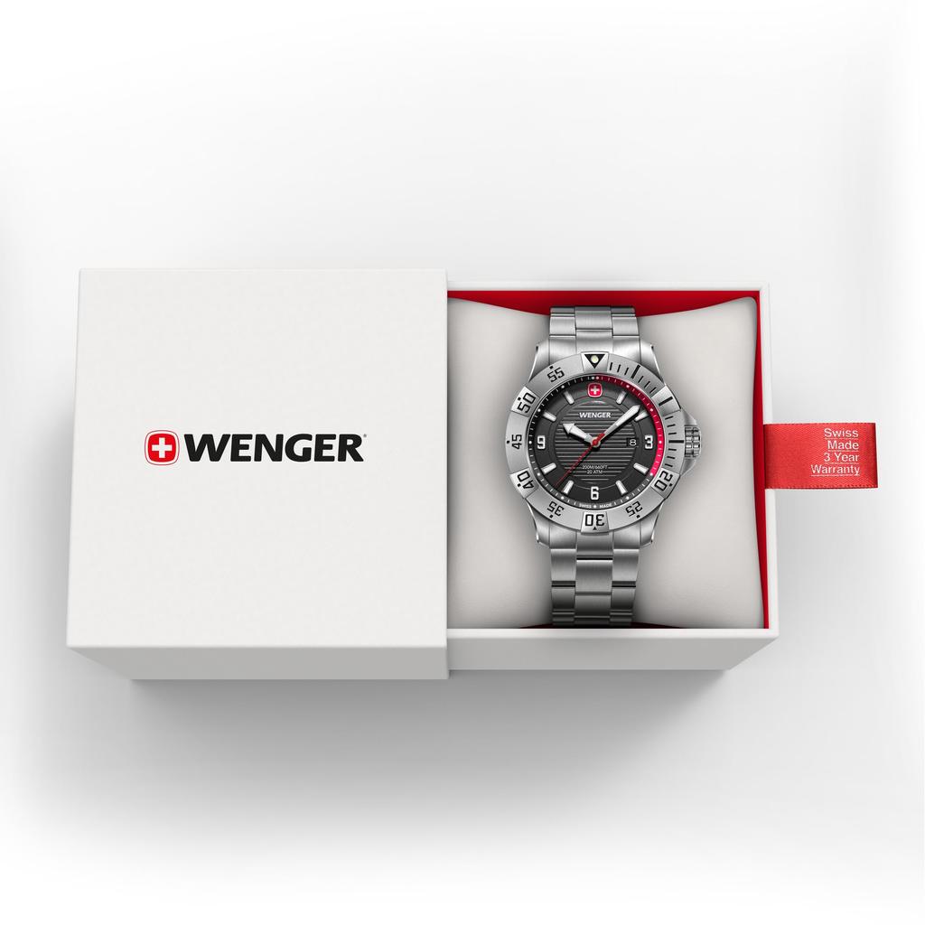 Wenger SEAFORCE Часы Кварцевые Аналоговые Корпус из Нержавеющей Стали Черный Циферблат Браслет из Нержавеющей Стали Водонепроницаемость 200м Гарантия 3 года Подарок Черные Мужские