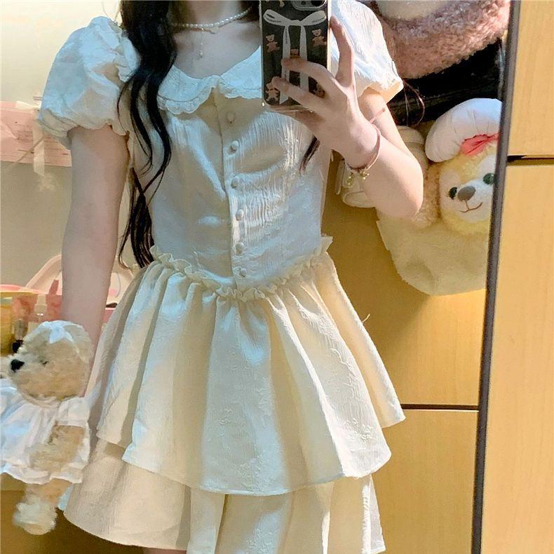 Комплект платья в французском стиле преппи с воротником Питера Пэна 2025: Женская летняя короткая юбка