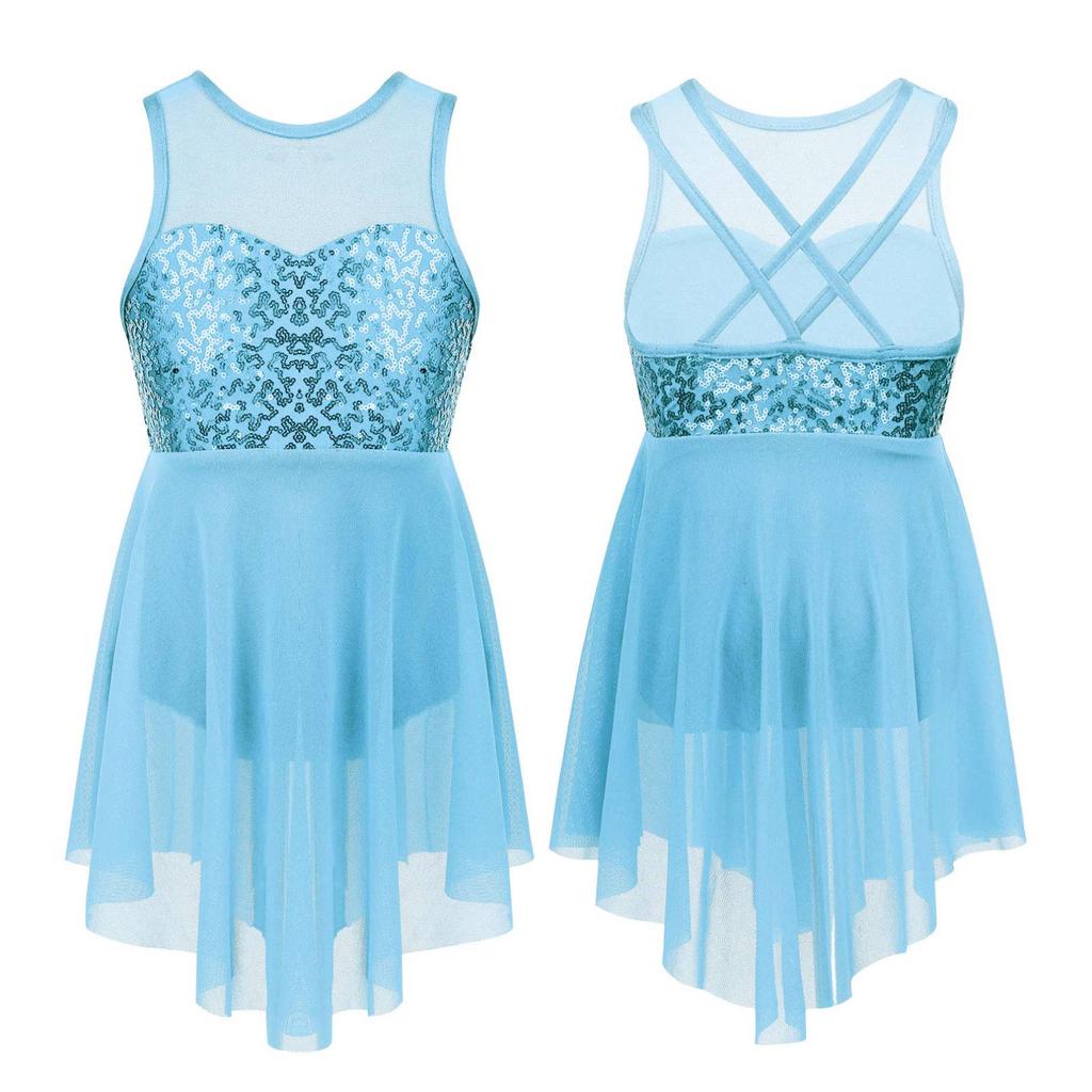 Kids Girls Sleeveless Irregular Hem Lyrical Dance Ballet Leotard Dress Performance Costume