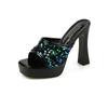Black Thick Sole Slippers Women 11cm Thin High Heels Bling Sequined Transparent Crystal Platform Sandals 2024 Summer Woman Shoes